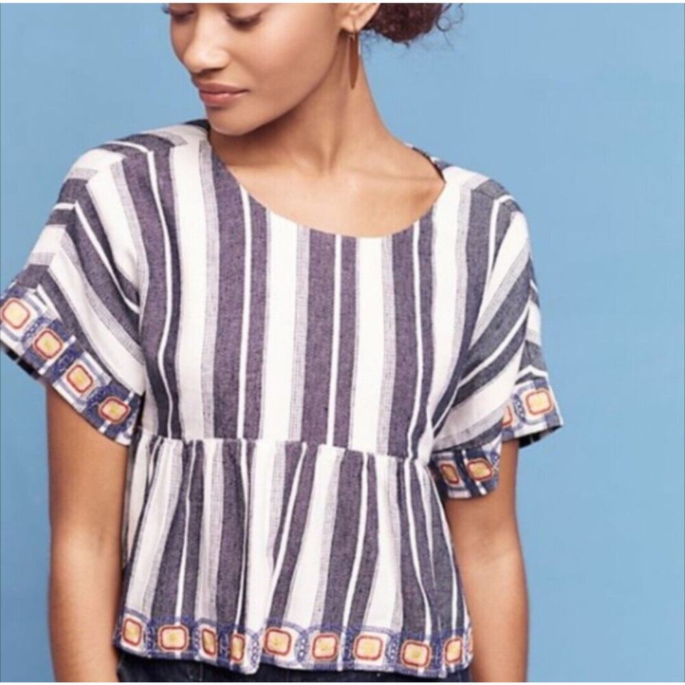 Anthropologie Maeve Linen Blend Short Sleeve Embroidered White/Blue Top Size XS